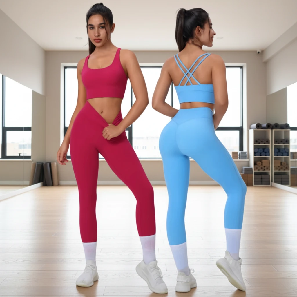 New Popular 2 Piece Womens Workout Sets Strappy Cross Sports Bra With Leggings Plus Big Size Yoga Set