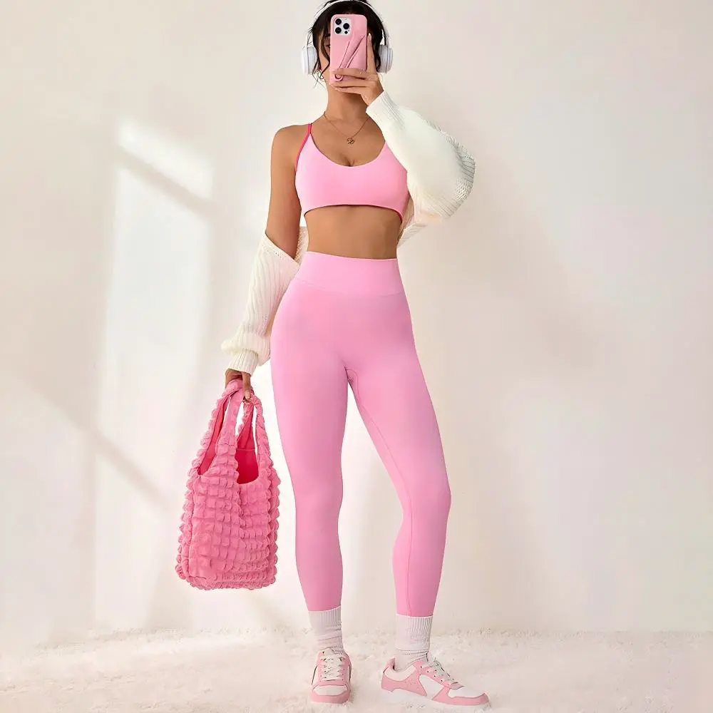 Seamless U-neck Halter Strap Sport Bra Pants Yoga Set Breathable Solid Cross-shaped Back High Waist Buttocks Lifting 2-Piece