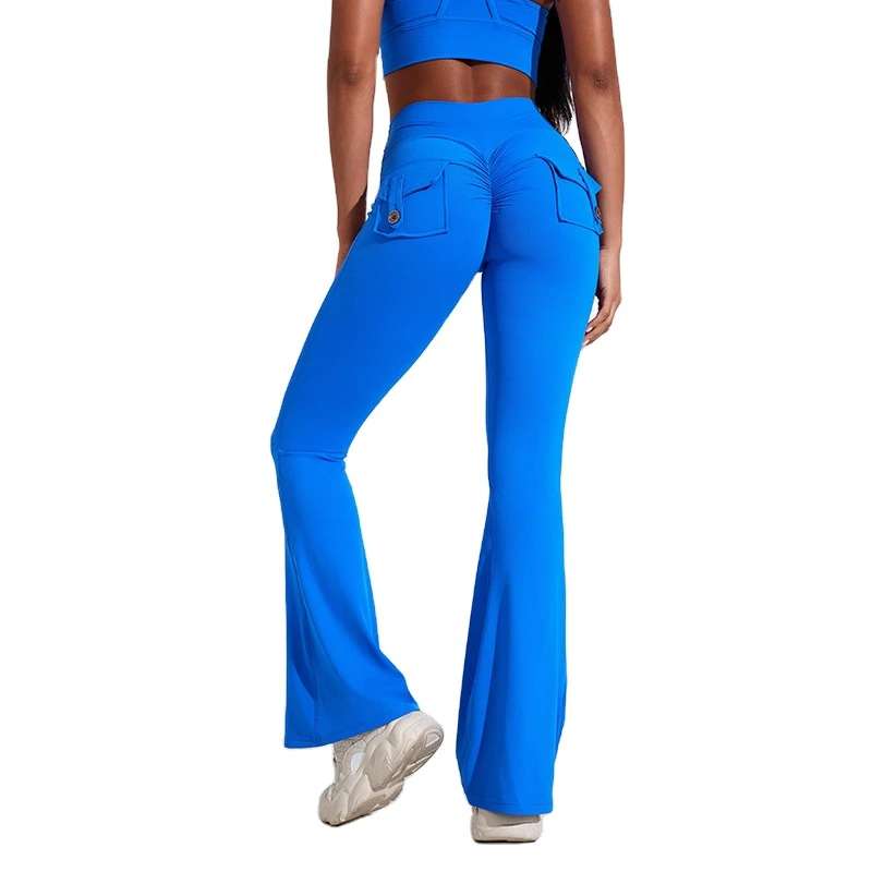 Women Girls Fashion Elastic High Waist Solid Yoga Gym Bodybuilding Workout Sports Pant Scrunch Cargo Pocket Flare Leggings