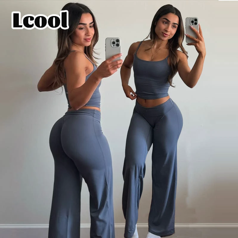 Lcool 2 Pieces Fitness Yoga Set Tight Top Vest Flared Pants High Waist Legging Hip Lifting Sports Suit Running Fitness Clothes