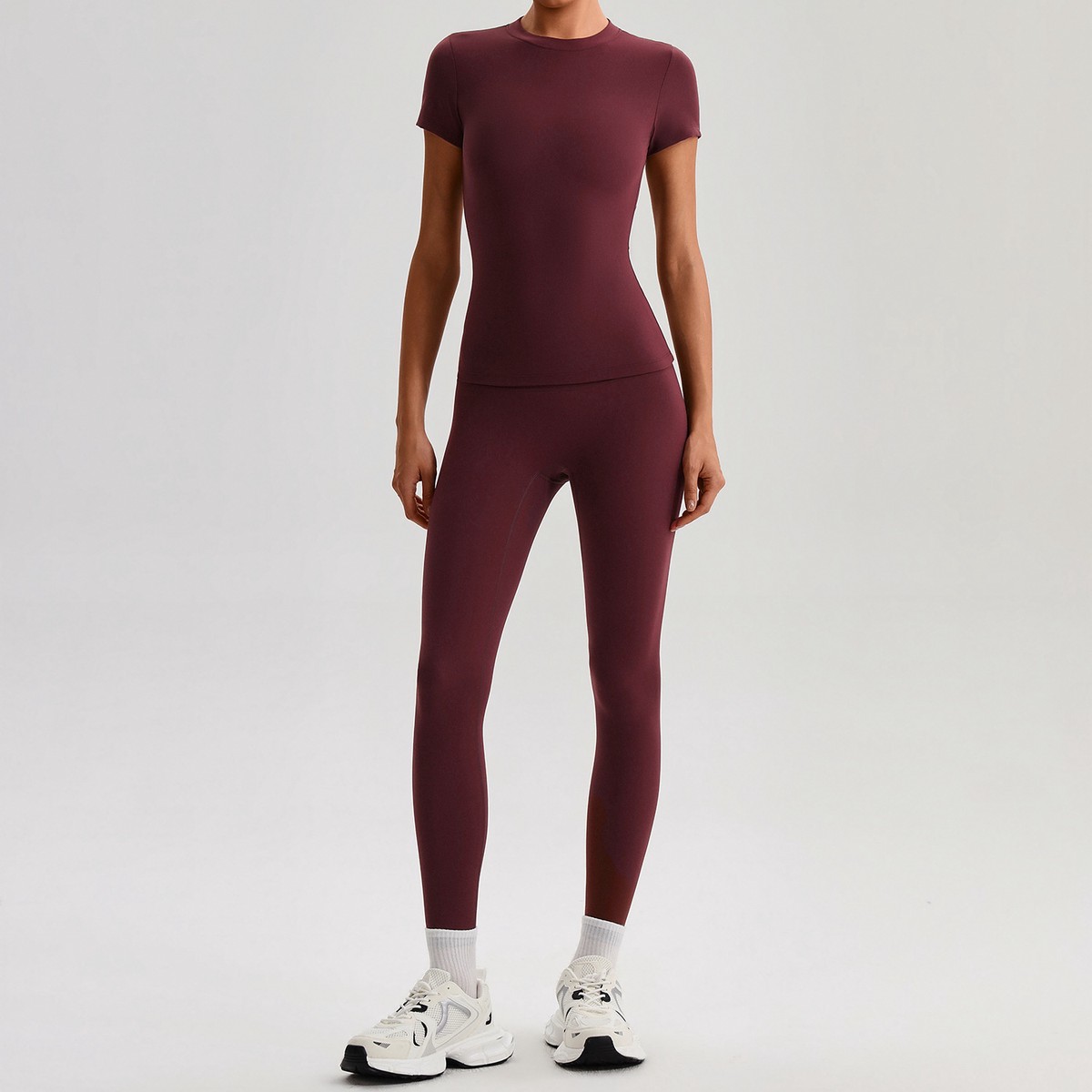 Bare Skin Feel 2-Piece Sports Wear Set with Lightweight Breathable Nylon/Spandex T-Shirt & High Waist Yoga Pants for Workout
