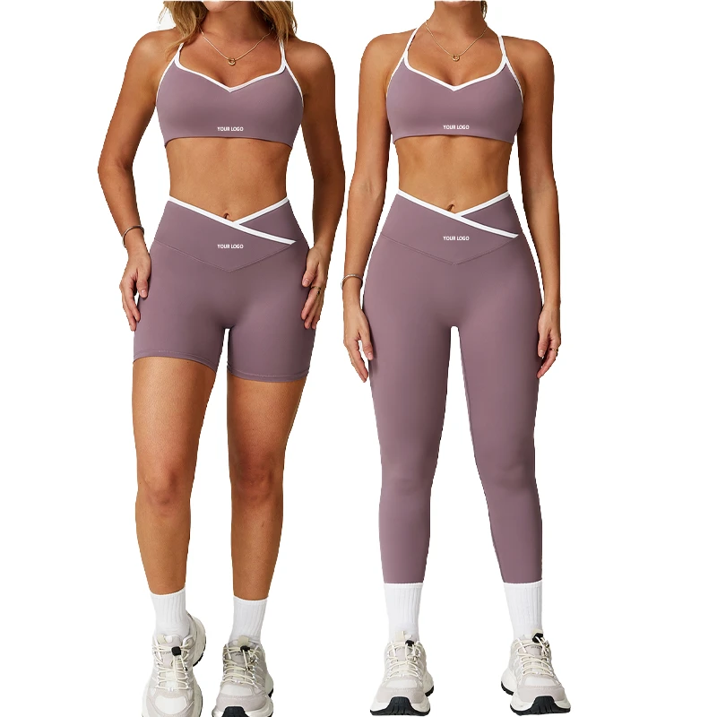 Solid Breathable Color Contrast Women's Fitness Suit Cross High Waist Shorts Leggings V Neck Beautiful Back Sports Bra Crop