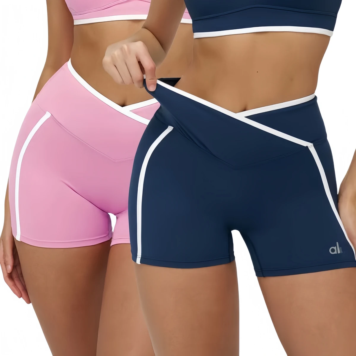 New Custom AL Women's Contrasting Color Super Elastic V-shaped High Waist Nude Sports Shorts, Yoga Gym Fitness Tight Shorts