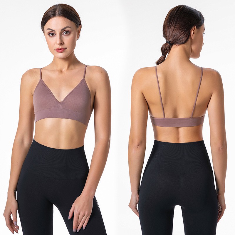 Women's V-neck Triangle Cup Sport Bra Seamless Yoga Top Small Strap Breathable Underwear For Adults