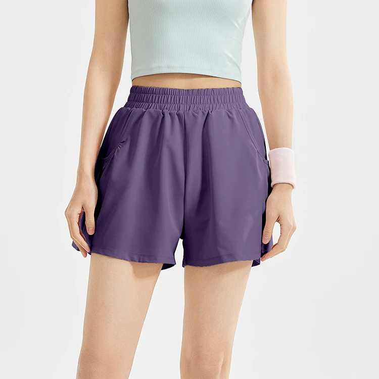 Women's High Waist Double Layer Mesh Shorts Summer Cool Elastic Waistband with Side Inner Pockets for Yoga or Fitness