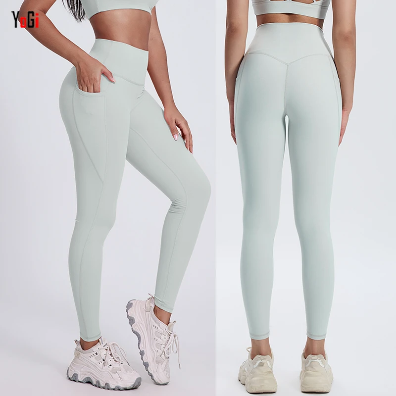 Women's High Waist Tummy Control Sports Pants Custom Nylon Second Skin Slim Fit Workout Activewear Leggings Side Pockets Solid