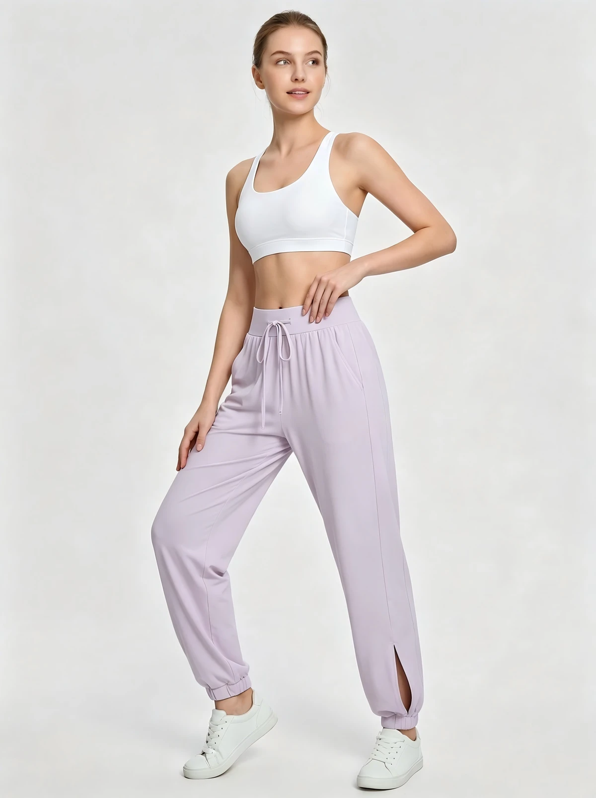 Ladies' high waisted fitness yoga sweatpants with pockets, nylon high elasticity outdoor quick drying jogging pants