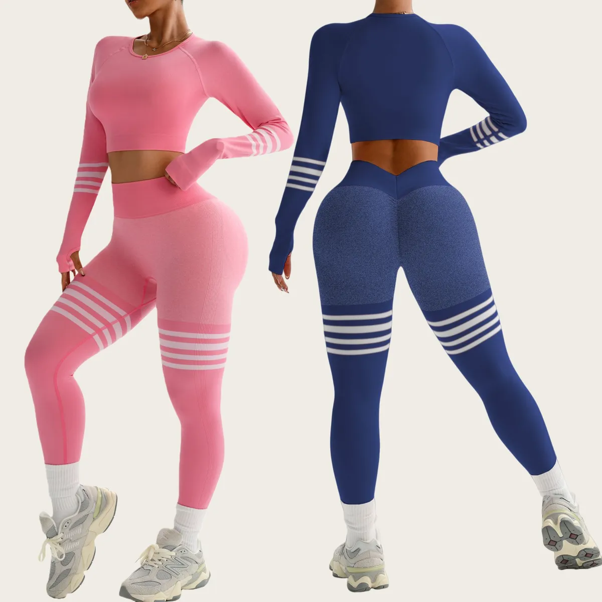 New Low MOQ Athleisure Striped Spandex/Nylon Sweat-Wicking Sports Tight Pants Women's High Waist Yoga Set