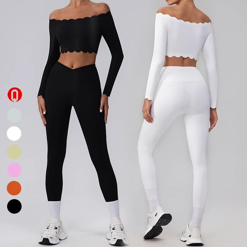 Breathable Yoga Set High Stretch Off Shoulder Scallop Top & Leggings OEM/ODM Gym Casual Activewear Running Workout Women's Sets