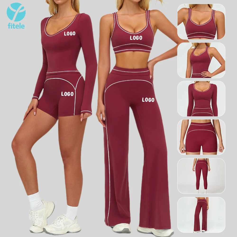 Fitele Wholesale High Waist Gym Fitness Leggings Sets Color Blocking Yoga Tops Bra Set Custom Logo Sportswear Suit For Women