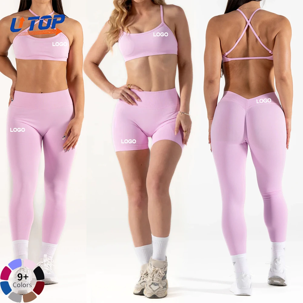 High Quality Women's Sports Suits Seamless Bra V Shape Back Waist Slim Fit Shorts Gym Run Yoga Workout Fitness Wear Clothes Sets