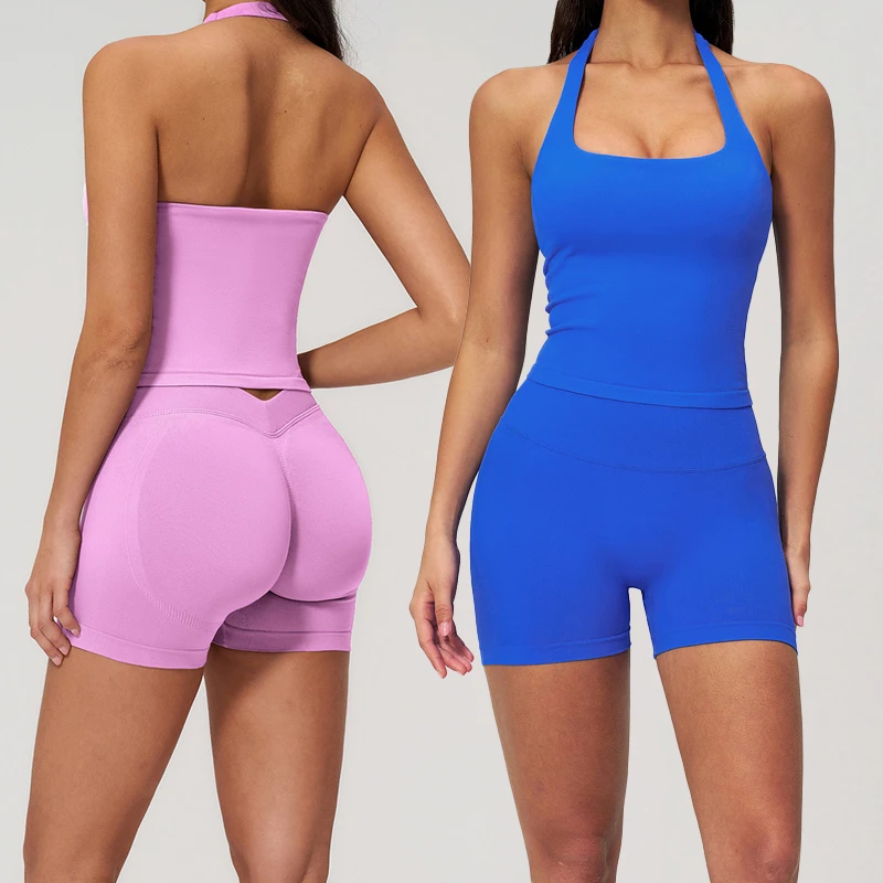 Women's Solid 2-Piece Yoga Set Soft Nylon/Spandex Hollow Back Seamless Breathable Halter Tank Top High Waist Butt Lift Shorts
