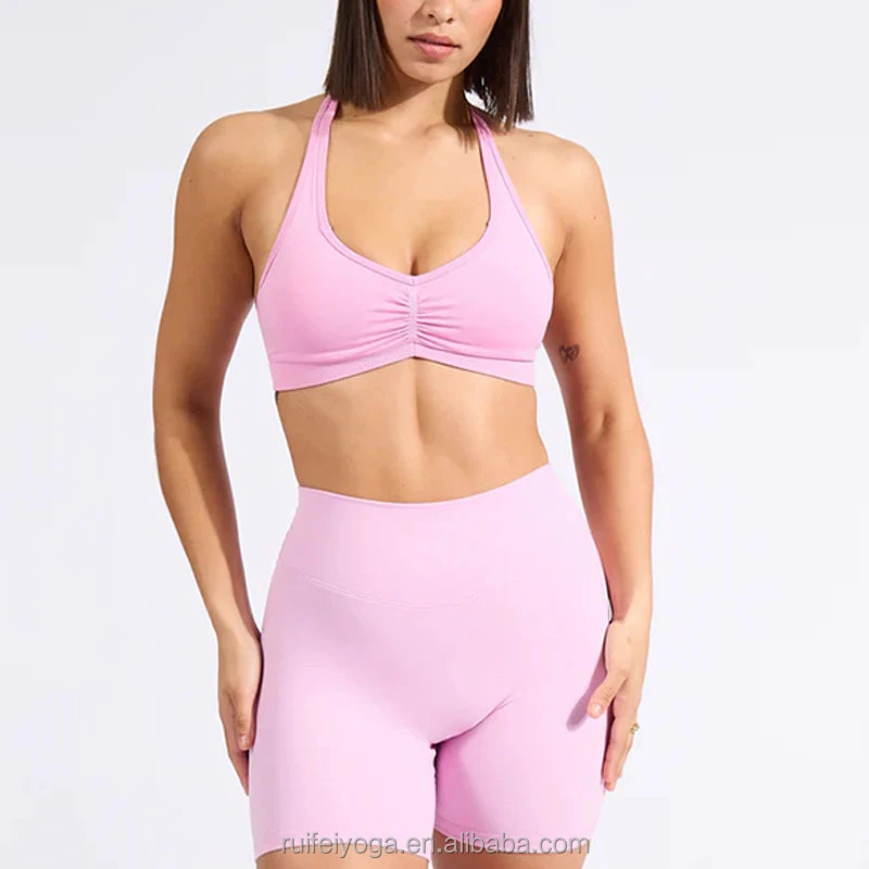 Custom Logo Breathable Adjustable Center Open Back Strap Ruched Halter Neck Running Shockproof Yoga Seamless Sport Bra for Women