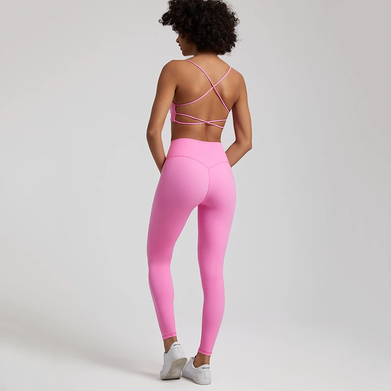 Solid Color Gym Yoga Set Fitness Suit High Waist Legging Cross Back Hollow Out Back Sports Bra Women 2 Piece Suit