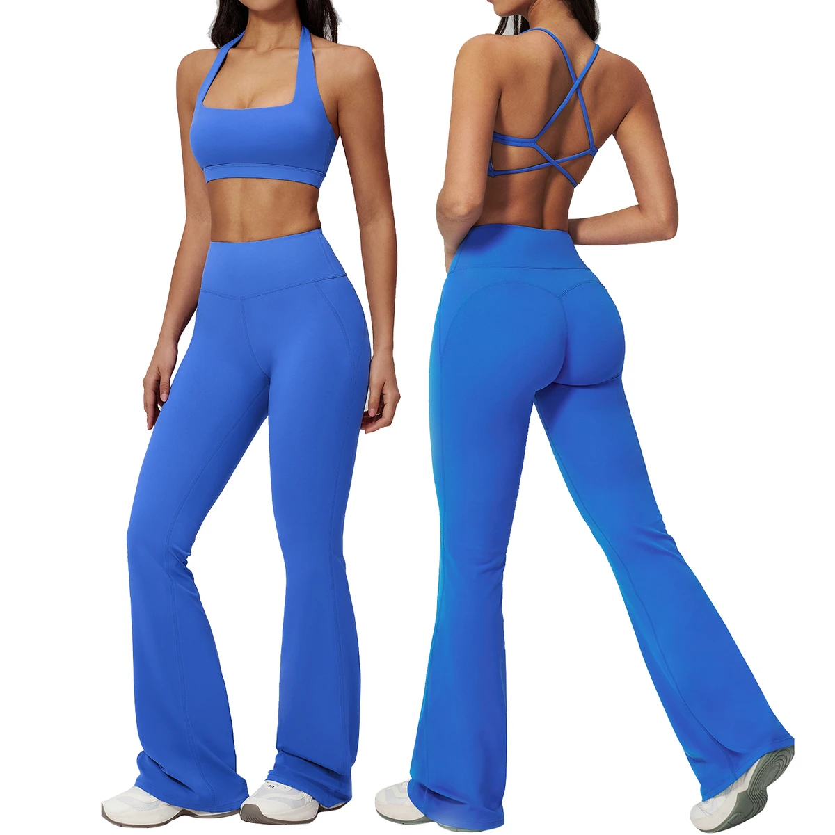 Women's Halter Backless 2-Piece Yoga Set Slim Fit Flared Nylon/Spandex Quick Dry Breathable Fashion Sportswear