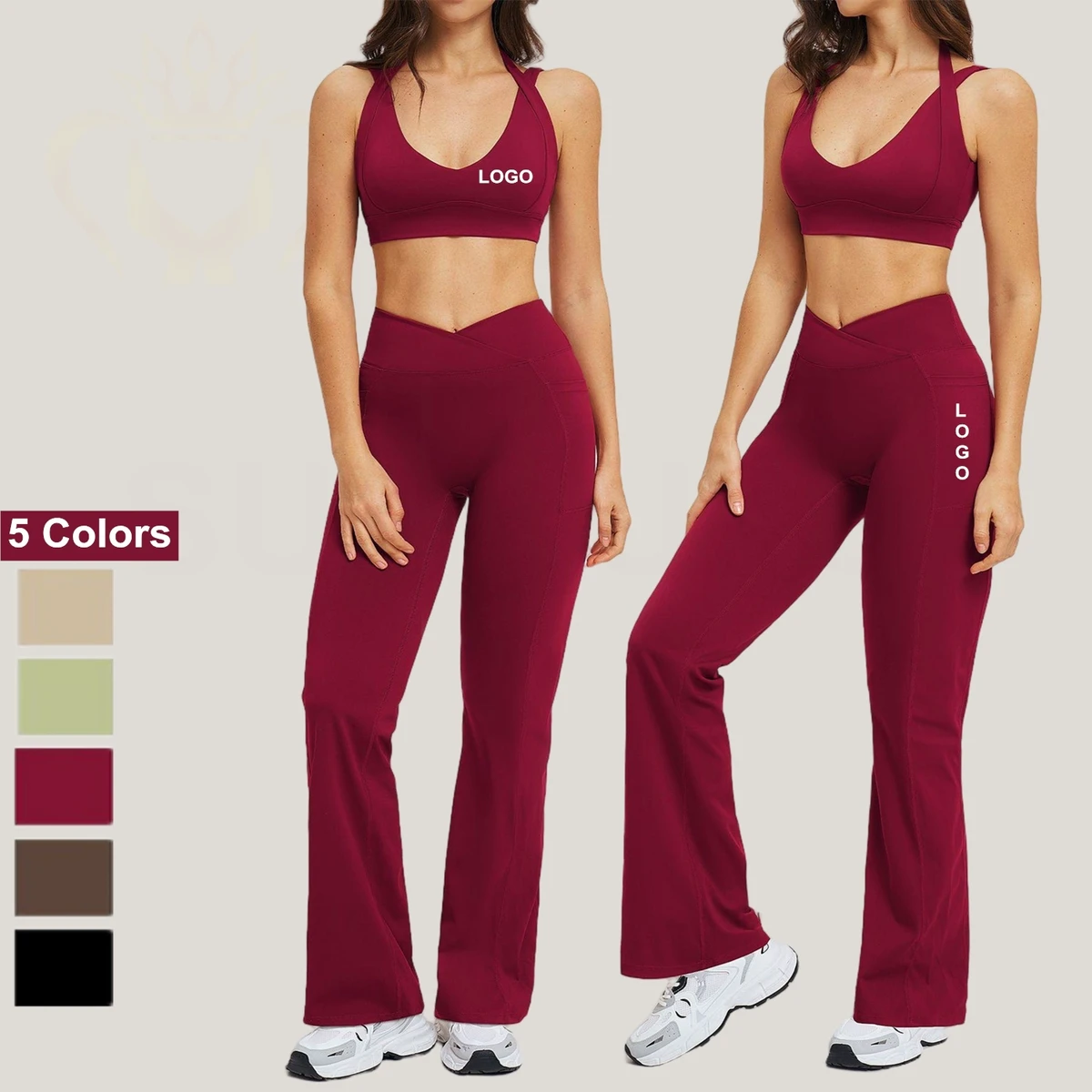 2PCS Women's Sportswear Set Nylon Spandex Yoga Crop Top High-Waisted Flare Leggings Gym Fitness Clothes Two Piece Set for Yoga