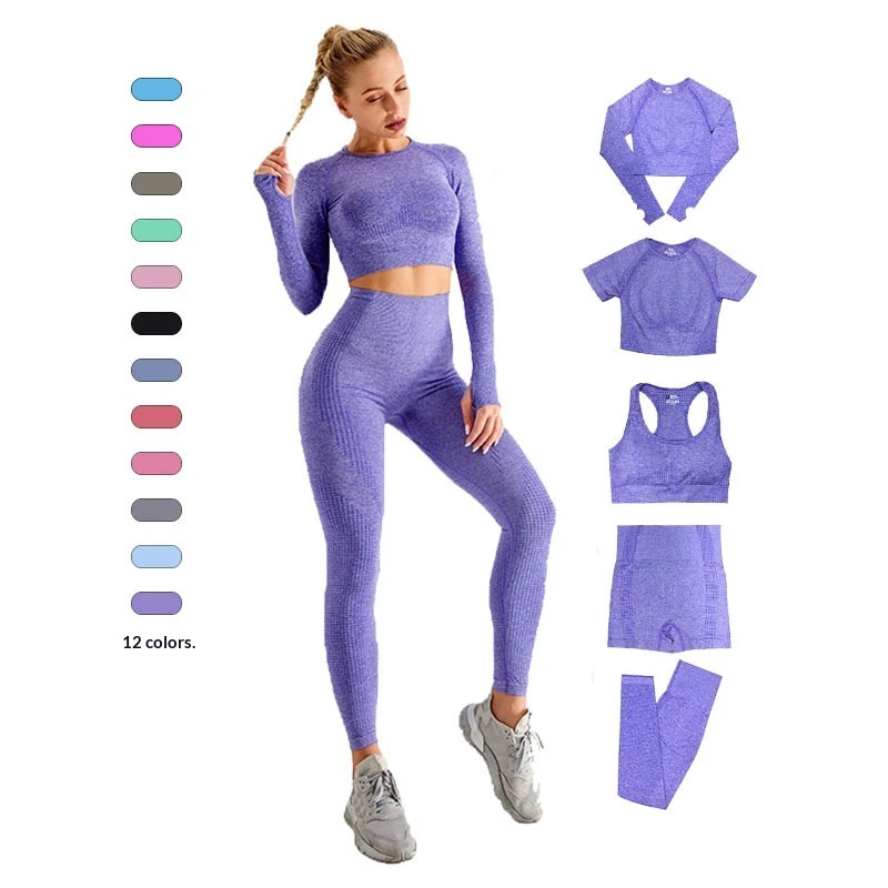 Women's Seamless Breathable for Yoga 2-Piece Set Long Sleeve Solid High Waist Tight Short Hip Pants