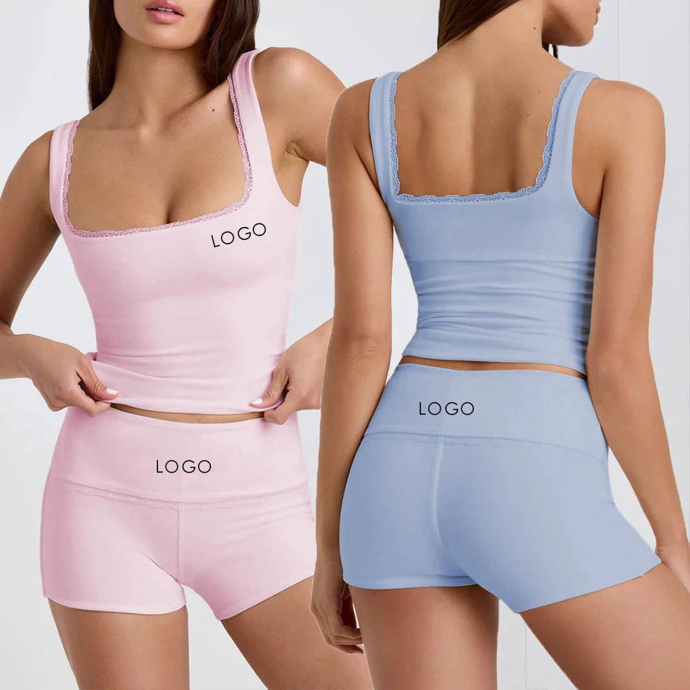 Custom Sports Crop Top Vests Shorts Set Casual Seamless Yoga Sets Fitness Women Summer Lace Sport Yoga Suit