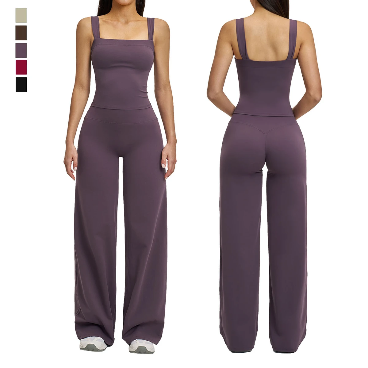 Women Yoga Set Custom LOGO Breathable Gym Tan Top Elastic High Waist Wide Leg Workout Pants Lightweight 2 Piece Women Activewear