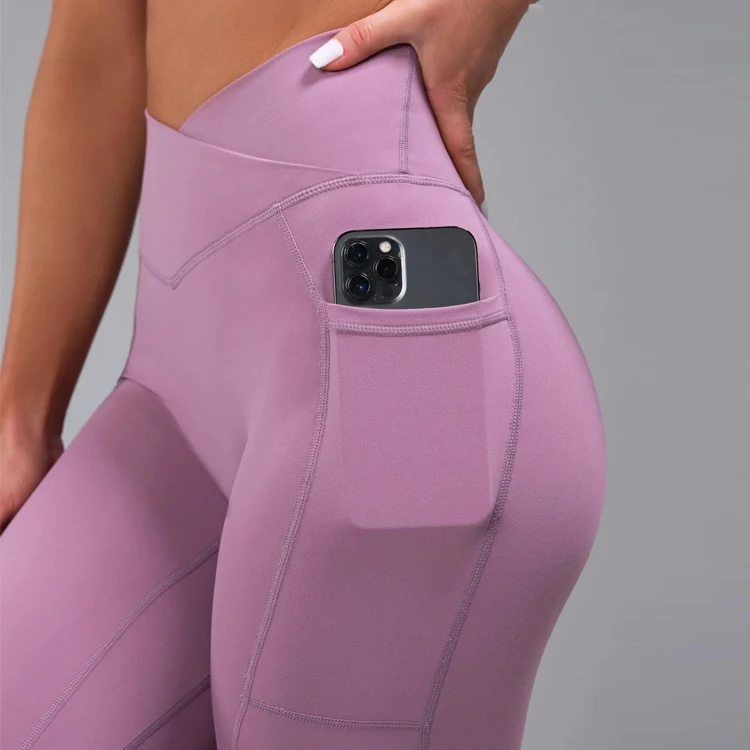 High V Waist Custom Nylon Active Wear Yoga Pants Gym Fitness Tights Workout Sports Gym Leggings With Sides Pockets for Women