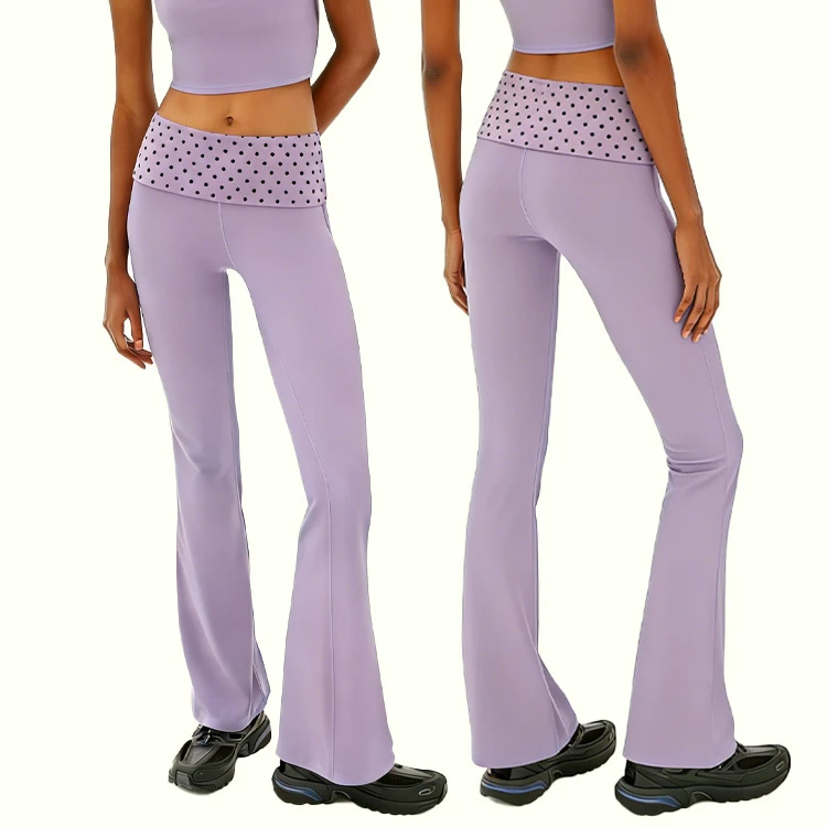 Custom Activewear 2026 Dot Soft Fold Over Flared Leg Yoga Pant Tummy Control Quick Dry Leisurewear Females Yoga Legging