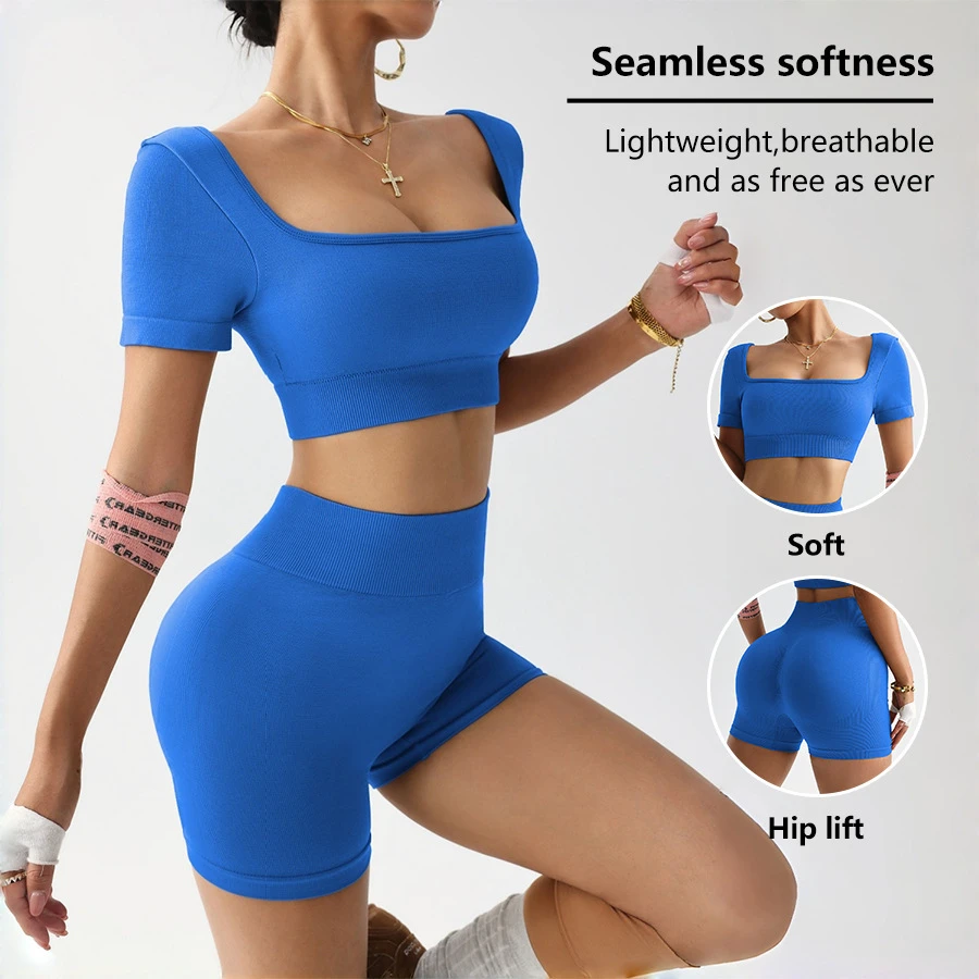 Quick Dry Square Neck Seamless Activewear Women High Waist Workout Scrunch Butt Gym Fitness Yoga Shorts Sets