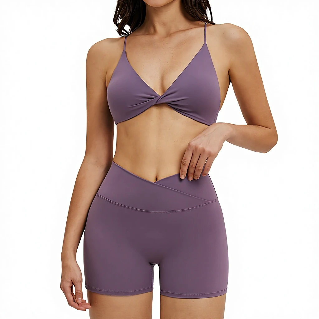 Cross-Border Brushed Solid Sweat-Wicking 2-Piece Spandex/Nylon Yoga Set Delicate Straps Beautiful Back Casual Fitness Outdoor