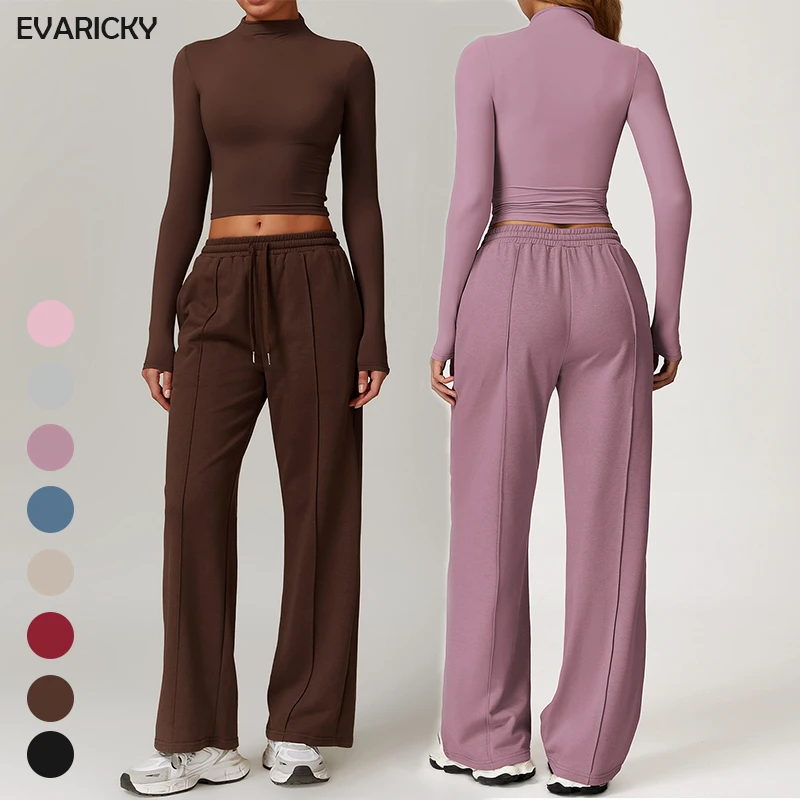 Customizable Women Gym Clothes Running Workout Two Piece Long Sleeve Crop Top High Waist Wide Leg Pant Set Breathable Quick Dry