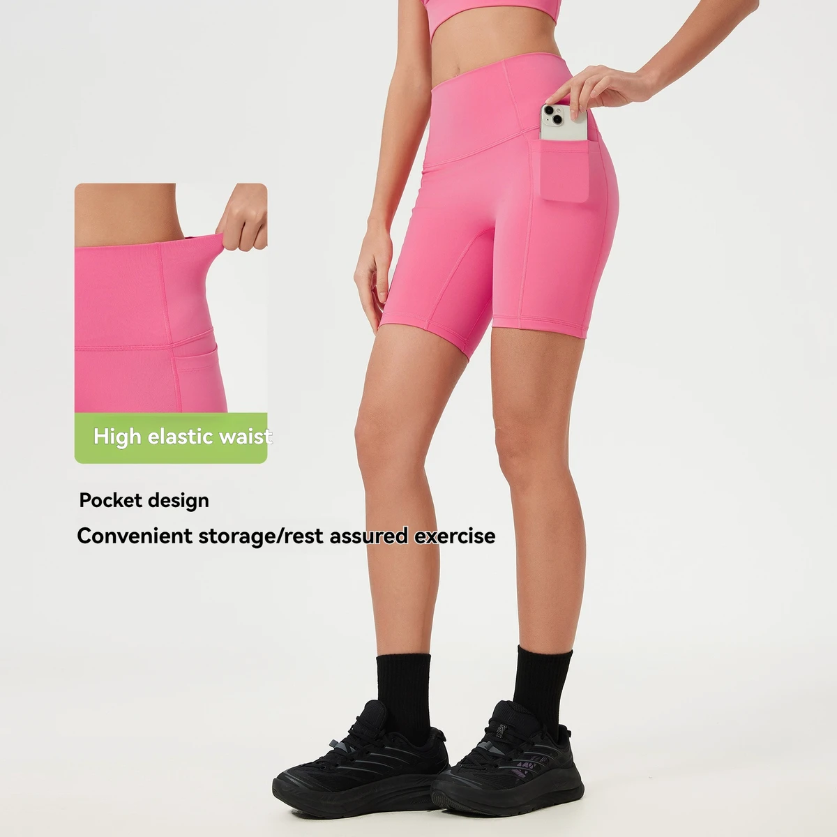 Women's High Waist Yoga Shorts No Front Seam Side Pockets Butt Lifting Tummy Control Moisture Wicking Workout Running Athletic