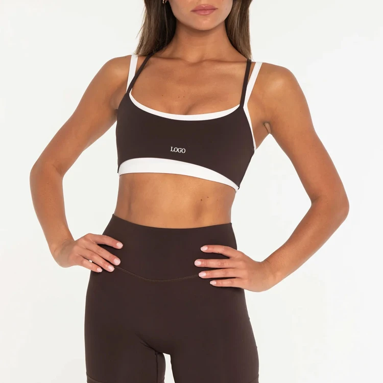 High Quality Women Sportswear Double Layer Contrast Gym Sports Bra Breathable Stretch Adjustable Strips Fitness Yoga Bra