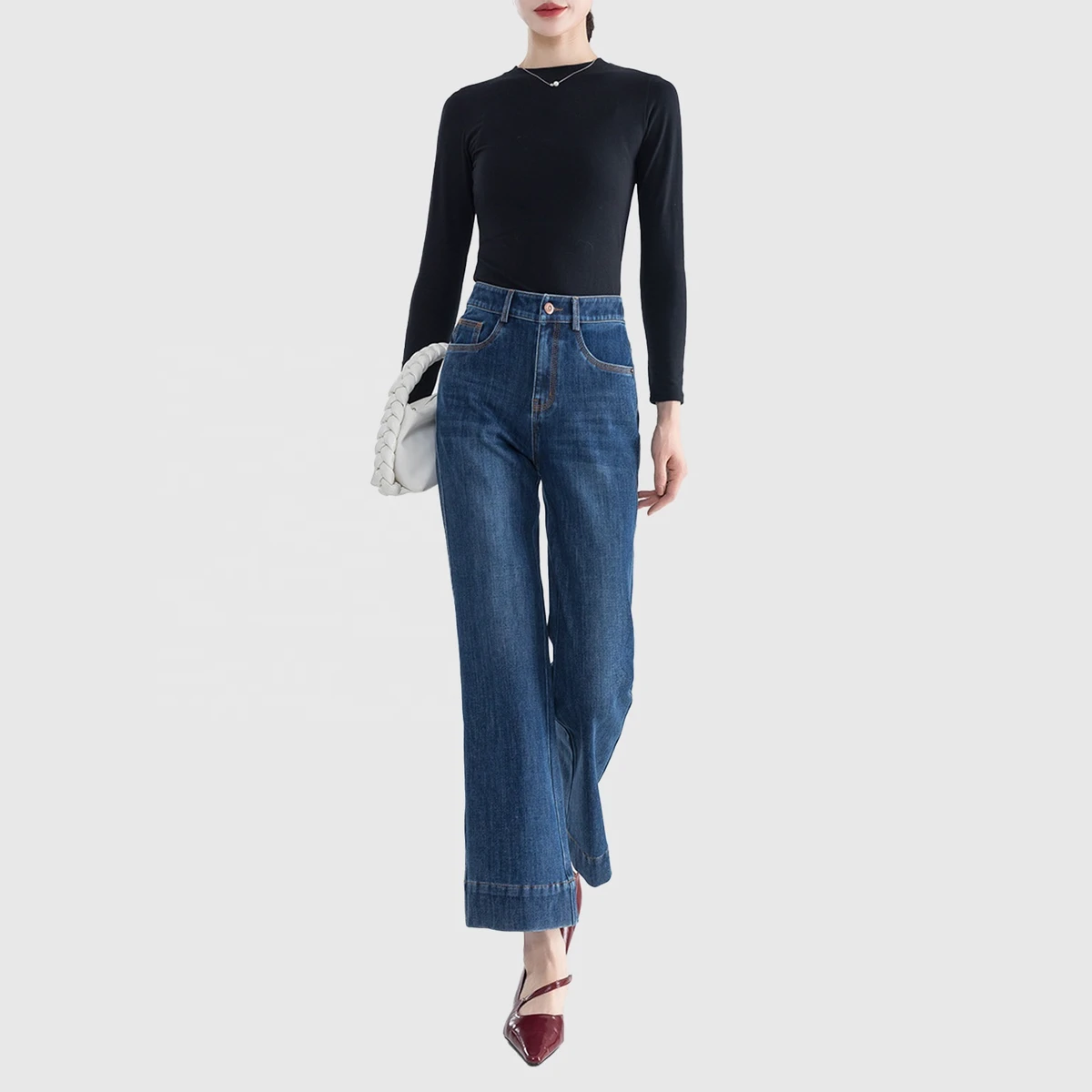 High Quality OEM Cotton Polyester Blend Denim Custom Logo Whisker Stretchy High Rise Slim Fit Bootcut Flare Blue Jeans For Women