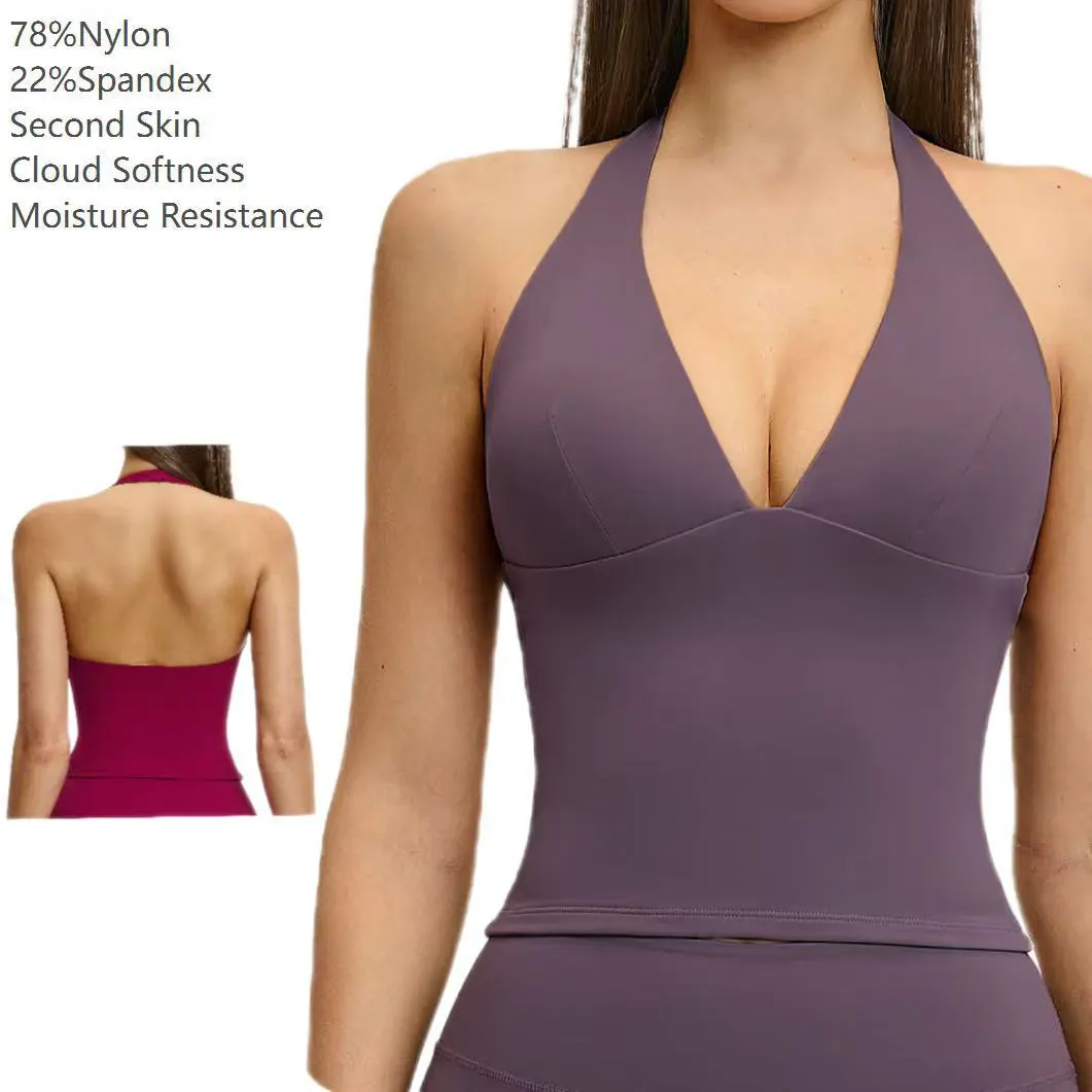 Ropa Deportiva Mujer Women's Lightweight Recyclable Tank Top Brushed Solid Breathable Deep V Neck Halter Backless Sports Bra
