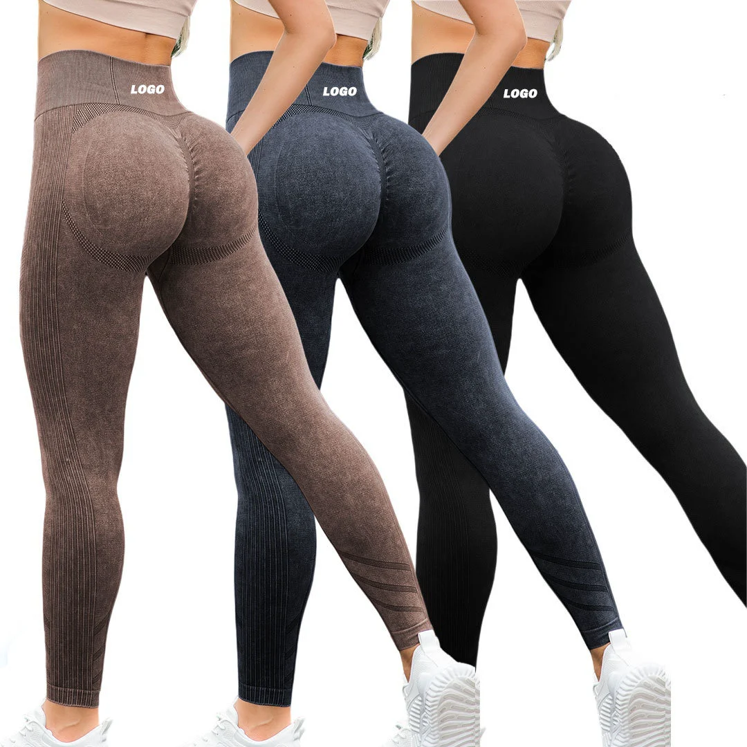 New Arrival Women's High Waist Peach Hip Scrunch Butt Leggings Solid Sand Wash Seamless Fitness Yoga Pants High Elasticity