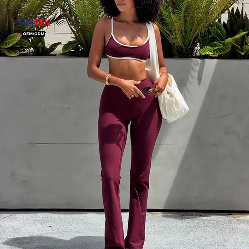 Custom Women Contrast Binding Yoga Bra and High Waist Flare Pants Soft Ribbed Two Piece Yoga Set Slim Fit Activewear Outfits