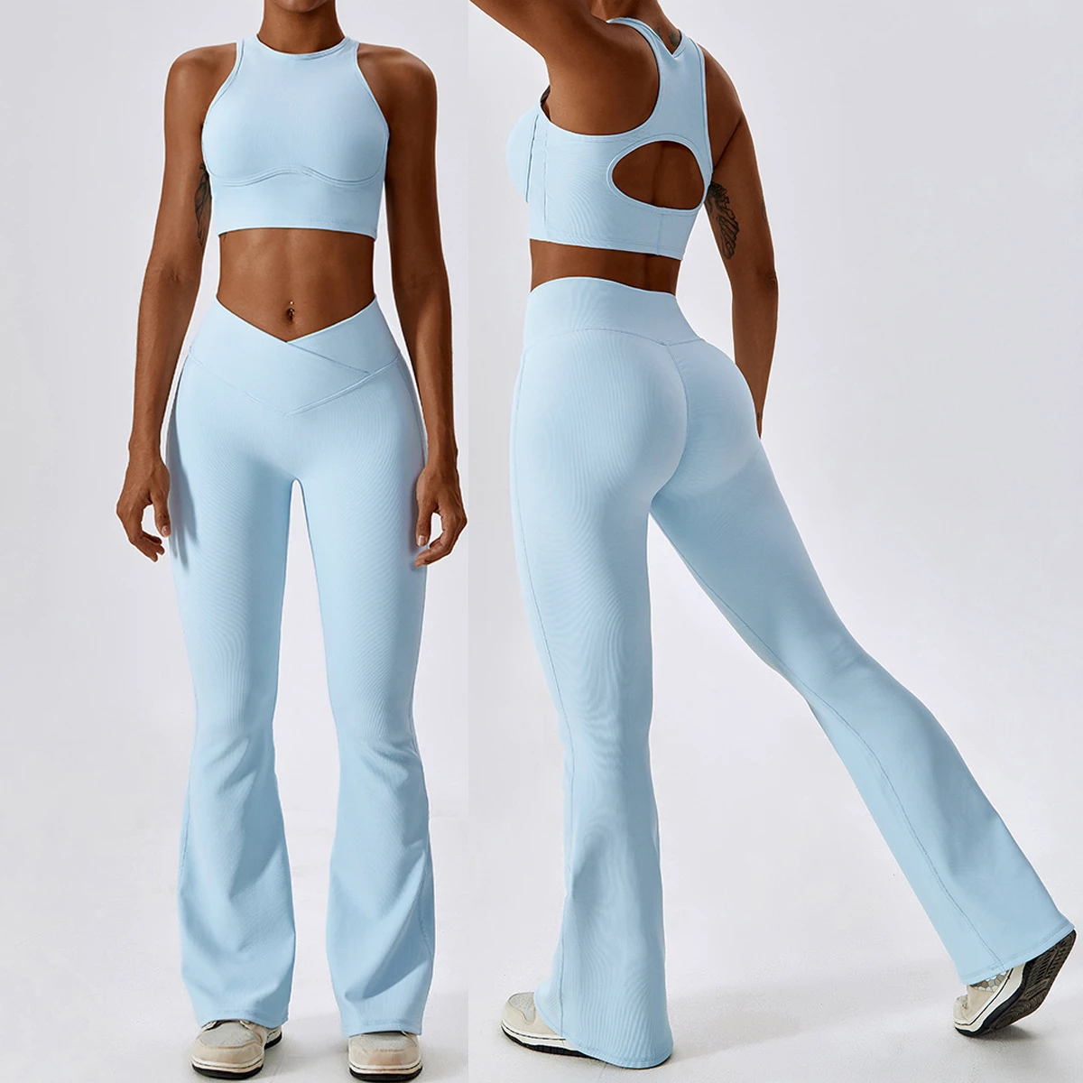 TongJoes High Waist Yoga Set Push-Up Hip Lifting Beautiful Back Design Fitness Sports Solid Threaded Tummy Control Breathable