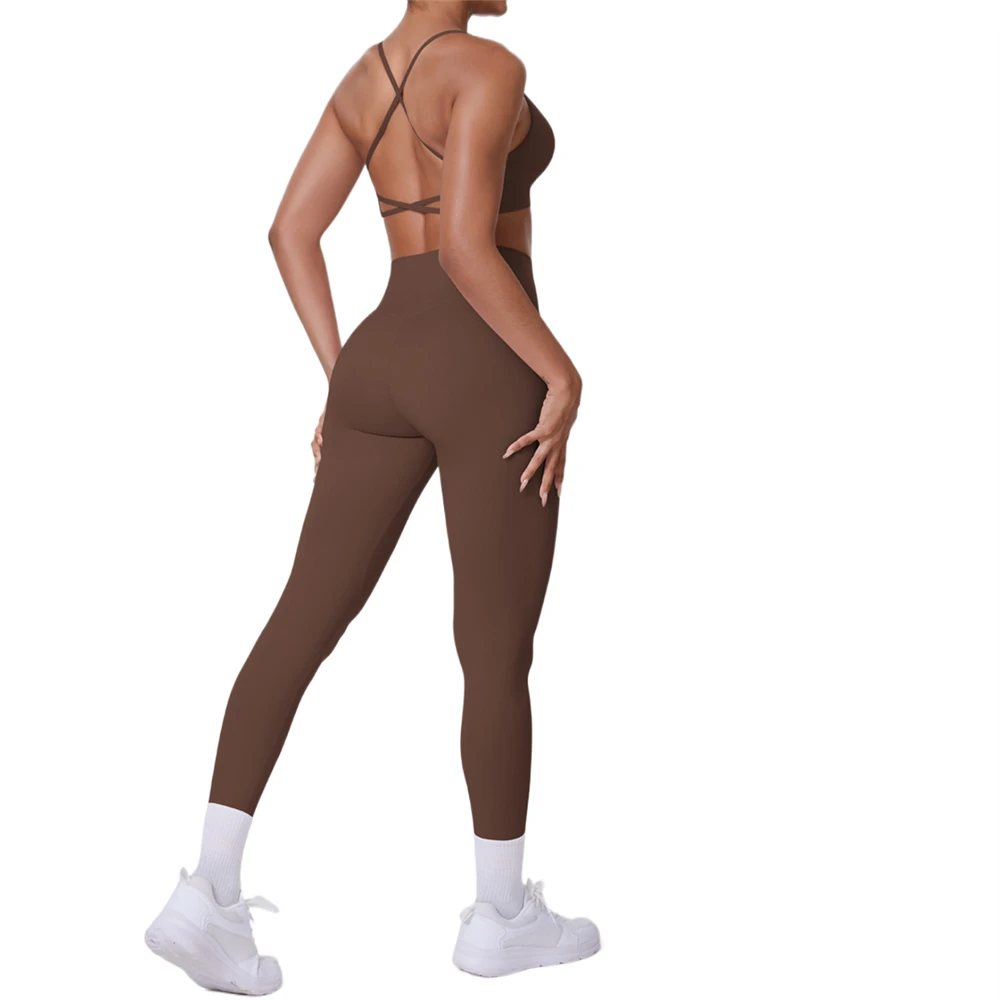 New American-style Double-sided Nylon Backless Form-fitting Crisscross Sports Yoga Outfit-two-piece Set for Running Fitness
