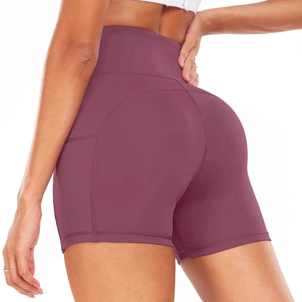 Best Mid Waist Peach Solid Scrunch Butt Yoga Shorts Women's Slim-fit Lightweight Quick Dry Spandex/Nylon Drawstring Plus Size