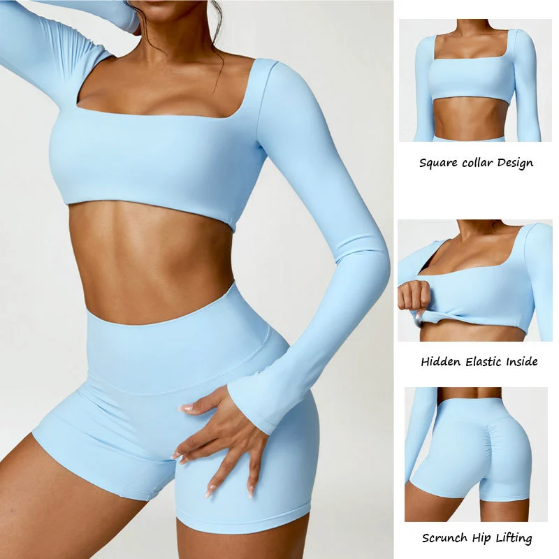 Breathable Sweat-wicking Two Piece Long Sleeve Workout Wear Gym Actviewear High Waist Ruched Butt Yoga Shorts Set Fitness Women