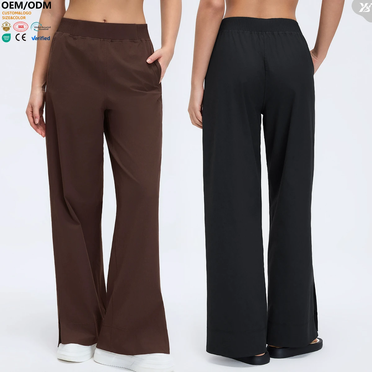 XW-D26091 Solid Wide Leg Yoga Pants High Waist Elastic Waistband Side Pockets Built Card Pocket Slit Hem Casual Loungewear