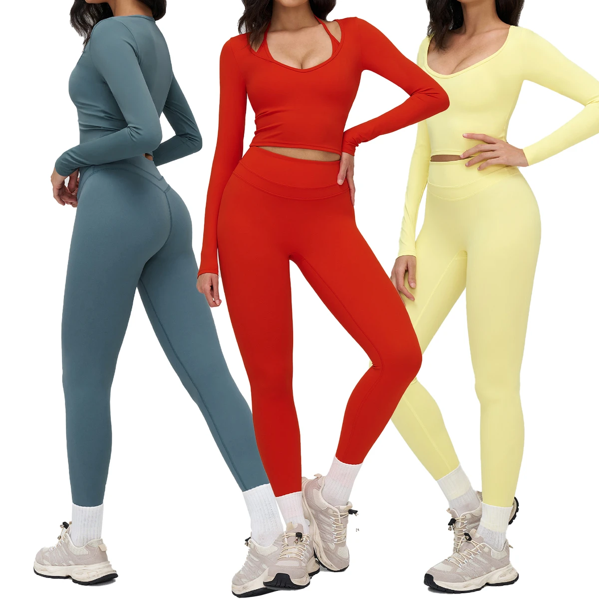 Wholesale Women's 2-Piece Workout Yoga Set-Spandex/Nylon Halter Neck Crop Top & High Waist Leggings Sweat-Wicking & Quick Dry