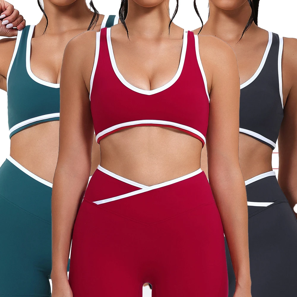 Wholesale New Contrast Color Wide Strap Vest Sports Top Beautiful Back Gym Yoga Wear Shockproof Sports Bra for Women