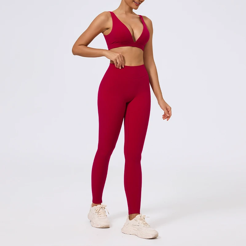 Wholesalers Custom logo Spring Luxury Matte Breathable Fitness Red V-neck Bra High Waist 2 Piece Women Yoga Bra Leggings Set