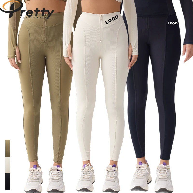 Tummy Control Women's Yoga Leggings With Zipper Fitness TIght Sports Ski Pants Ribbed High Waist Yoga Pants Leggings for Women