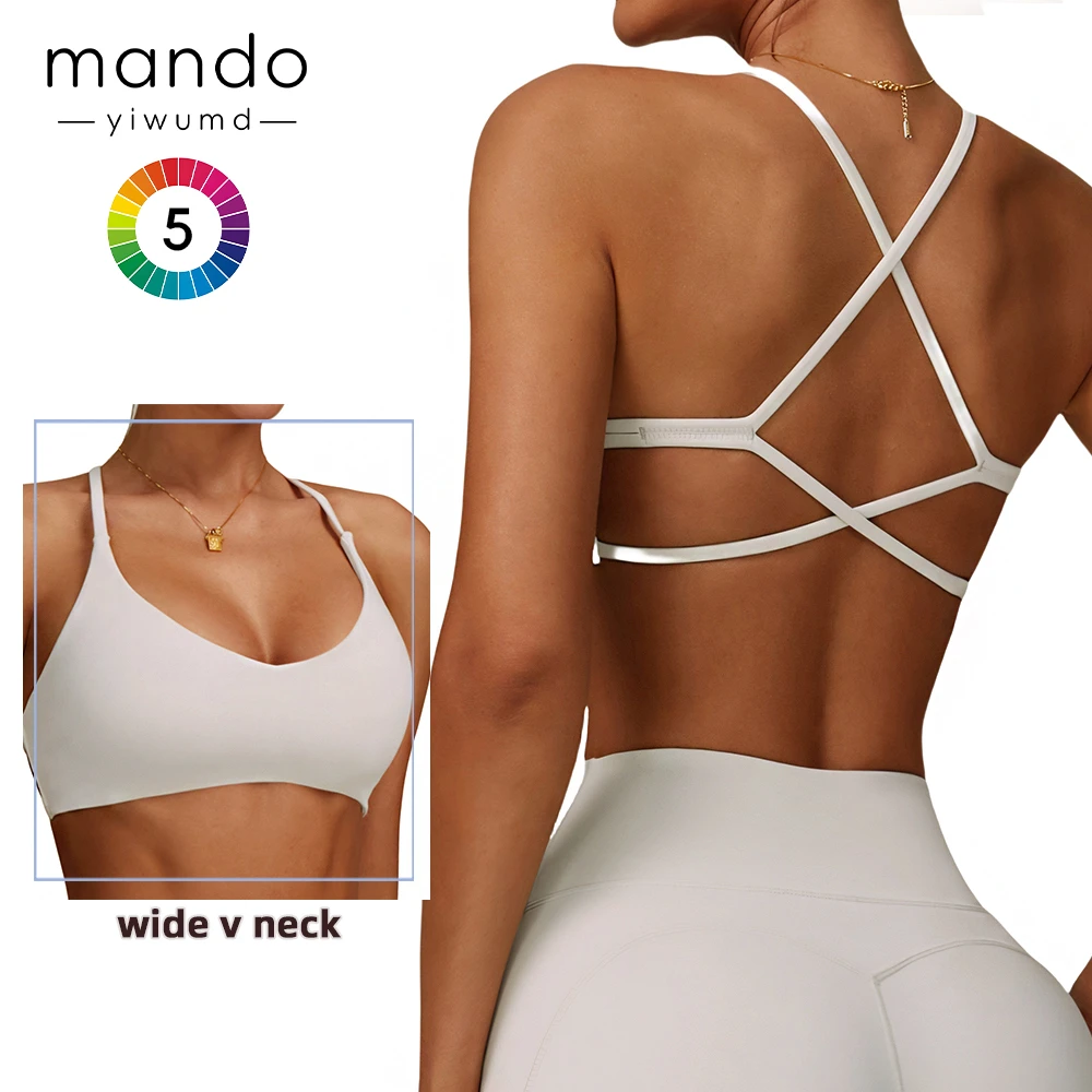 Wholesale High Quality Wide V-neck Sexy Cross Backless Bra 78 Nylon 22 Spandex Stretch Soft and Comfortable Women's Sports Bra