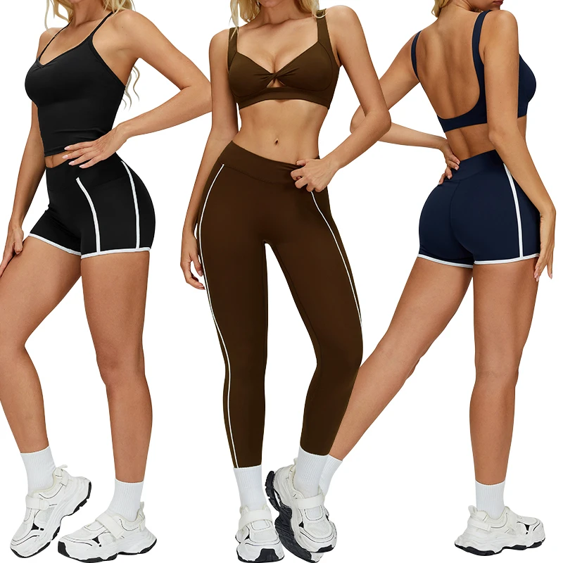 TZ250 Women Color Blocking Yoga Set Cross Strap Back Yoga Top High Waist Shorts and Leggings Set Running Active Wear Set