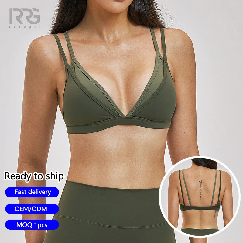 Roregal Double Shoulder Straps Faux Two-Piece Color-Blocking Sport Bra Quick-drying Fitness Running Yoga Bra with Removable Pads