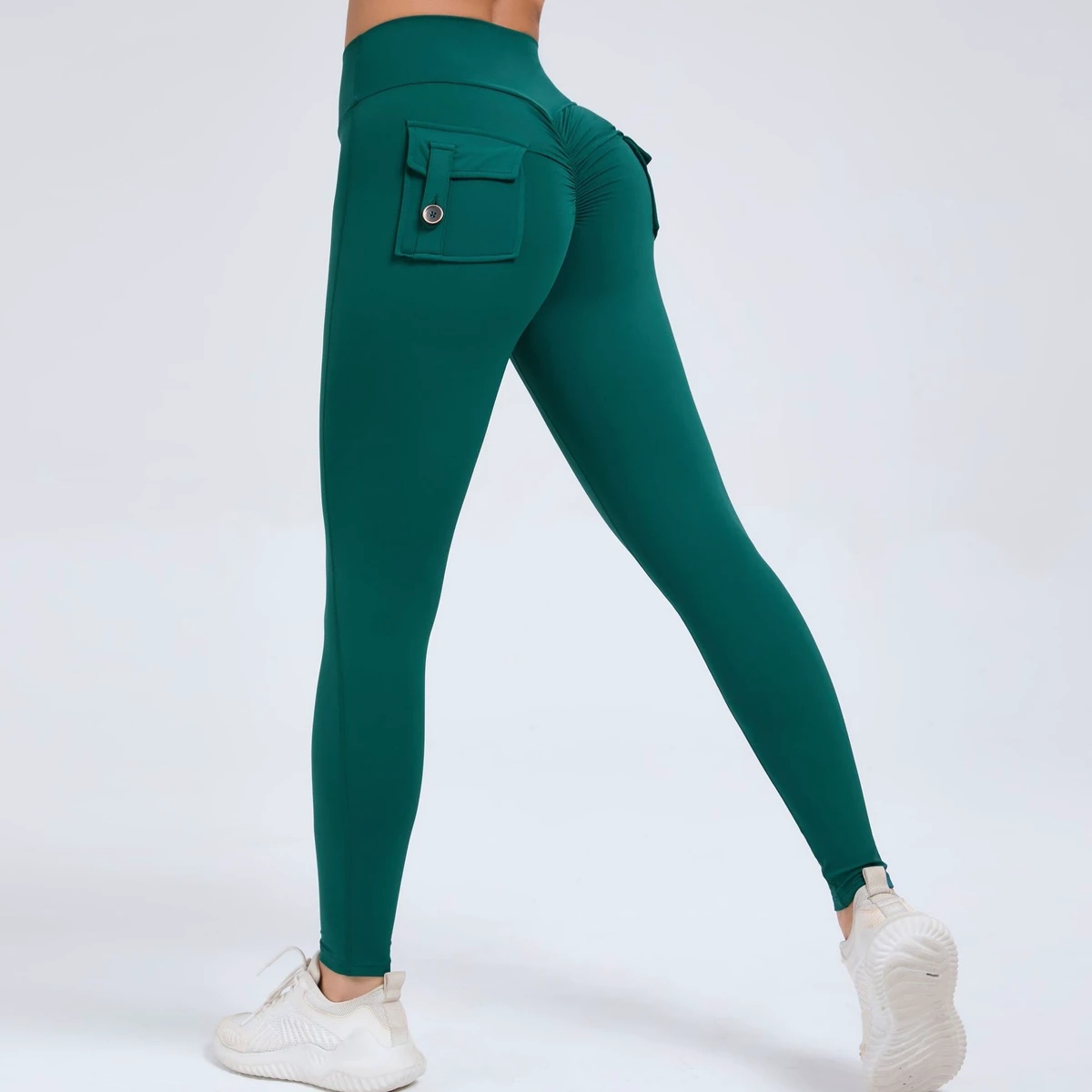 Women's High Waist Elastic Hip Button Yoga Pants Quick-Drying Peach Bottom Workwear with Flap Pocket Fitness Running Set