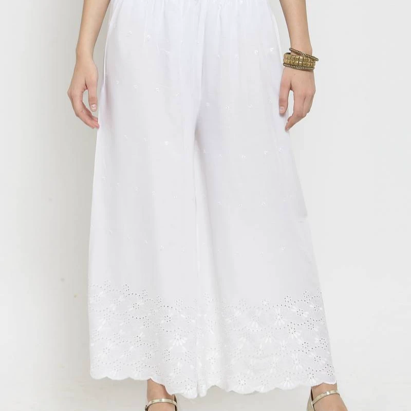 Handmade White Rayon Elastic Waist Mid Rise Summer Ankle-Length Breathable Palazzo Pants for Women Indian Style