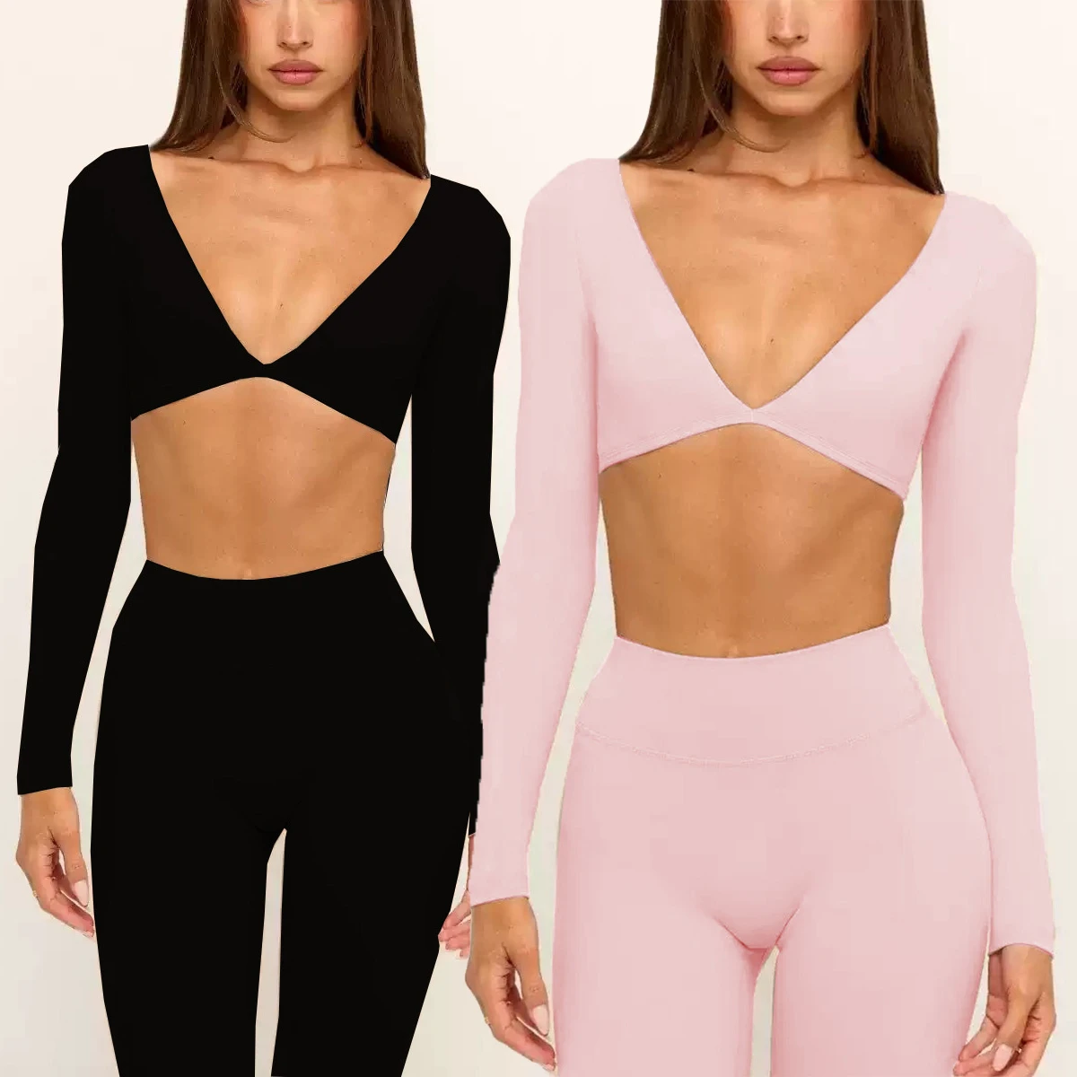 V-Neck Long Sleeve Butt Lift Leggings 2 Piece Fitness Sports Suits Women High Stretch Yoga Set