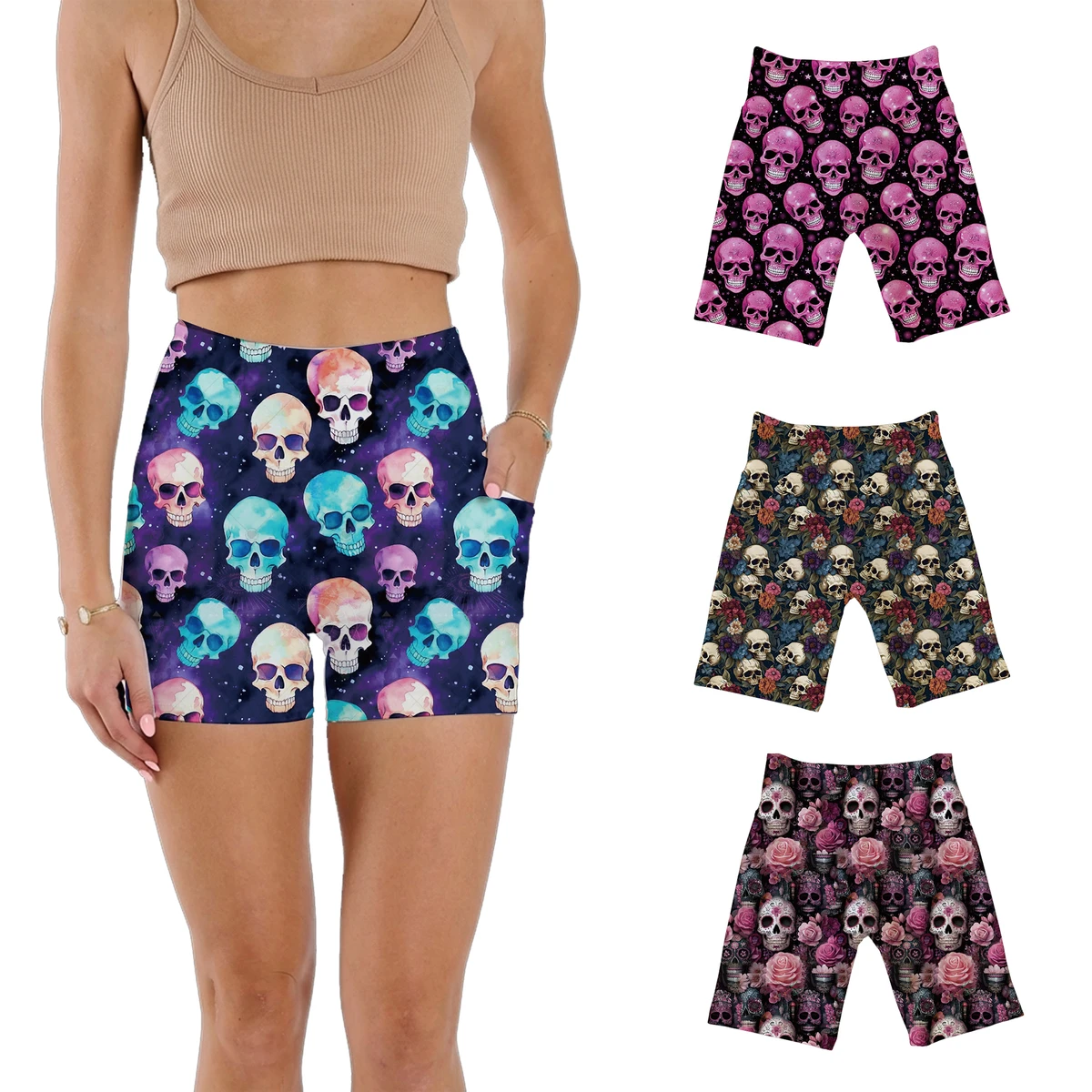 High Waisted Biker Shorts with Pockets for Women Skull Print Yoga Workout Shorts